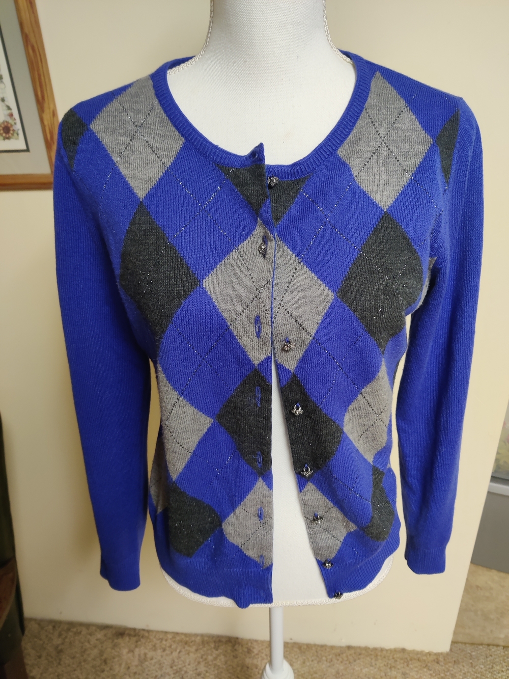 New York & Company Royal Blue, Gray and Black Argyle Cardigan